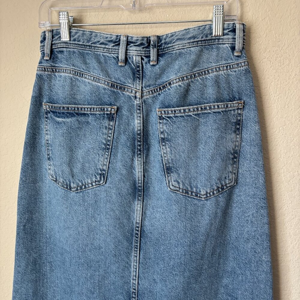 Zara Distressed Released Hem Front Slit Denim Blue Jean Midi Skirt - Picture 8 of 9